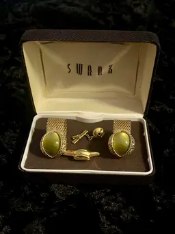 Vintage 1960’s “Swank” Olive Moon-glow Cufflinks and Tie Tack / Pin Set (NIB)