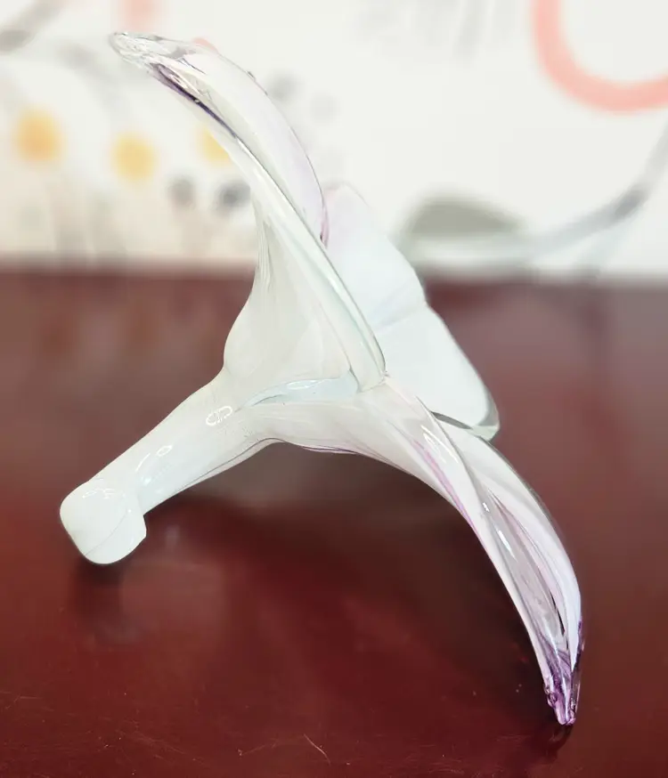 Murano Style Italian Hand Blown Glass Purple & White Iris Flower w/ Stem Decor