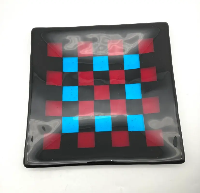 BIN - Fused Art Glass Dish Checkerboard Pattern Black Blue Red. Signed