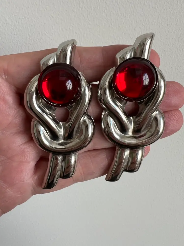 Vintage Silver Tone Knot Earrings with Red Cabochon Stones - Statement Dangles