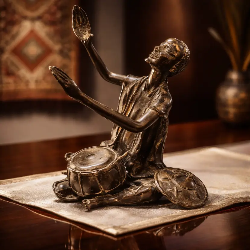 Bronze Sculpture of African Man Playing A Drum/Djembe, 8.5" Tall, 7.5" Wide