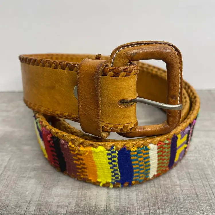Vintage Woven Colorful Folk Art Hand Tooled Ethnic Leather Belt Guatemala 30 M