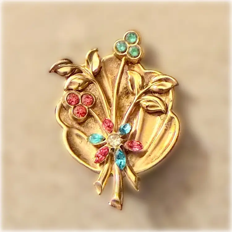 Vintage Signed Coro Floral Bouquet Multicolor Rhinestone Goldtone Brooch