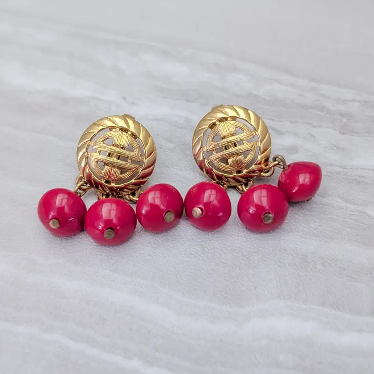 Vintage Clip On Earrings Stylish Gold Tone with Red Dangles Statement