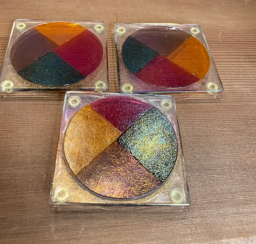 Set Of 3 3 1/2 Inch Square Red, Orange, Purple, And Green Colored Coasters