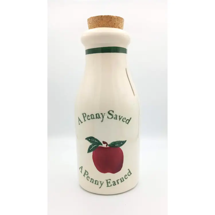 #91 Vintage Ceramic Crock Shop Milk Bottle Bank "A Penny Saved", Cork Lid, Santa Ana