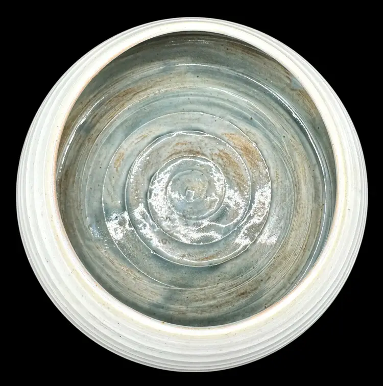 Handmade Studio Art Pottery Planter Vase Serving Bowl Round White Gray 6 x 2.5”