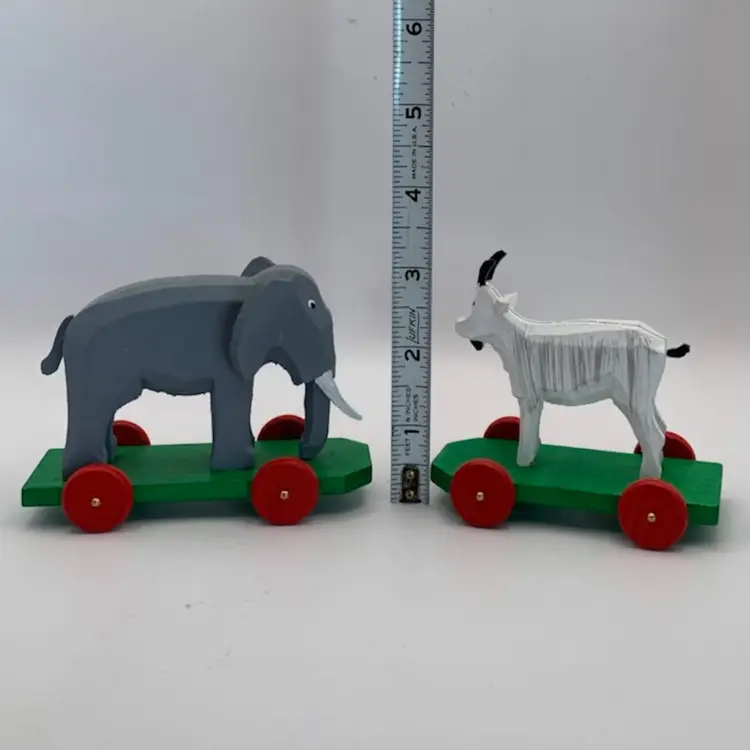 Erzgebirge Germany Miniature Elephant & Goat On Wheels. By C. F. Drechsel Grunhainichen. Approx. 3.25” Tall