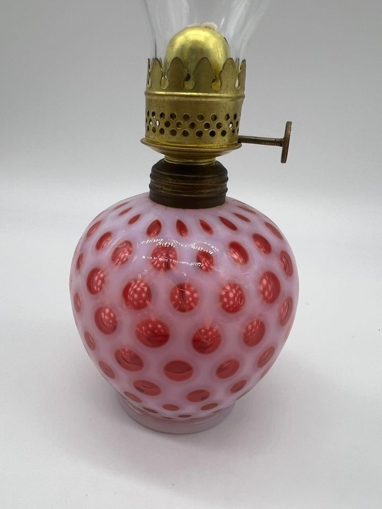 Fenton Cranberry Opalescent Glass Coin Dot Mini Miniature Oil Lamp