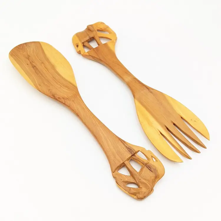 Vintage Hand Carved Wood Elephant Salad Serving Utensil Set Spoon & Fork Tongs