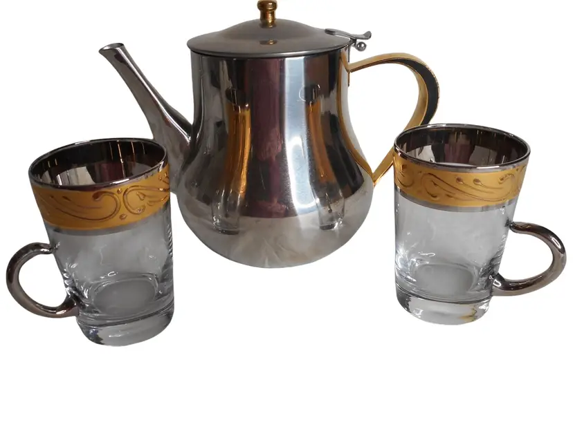 CulinArt Stainless Steel Coffee Tea Pot Server Pitcher w glass gold accent cups