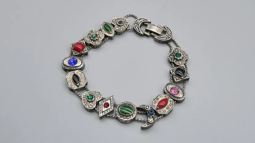 Vintage Victorian Revival Slide Charm Bracelet Various Silver Tone Links Multi Color Cabochon 7.25"