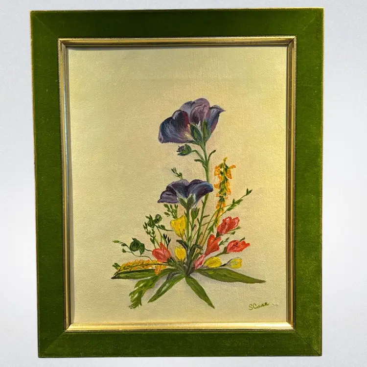 Vintage Floral Still Life -Oil Painting in Green Velvet- Wood Frame – Signed “S. Case” 12x9.75”