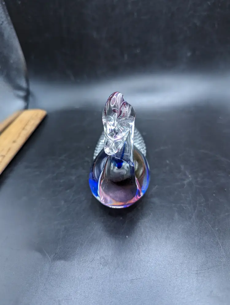 Vintage SWAN Bird Clear Glass Art Deco Blue and Pink Infusion Figurine Paperweight