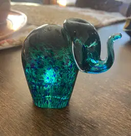 Blue/Green Speckle Glass Elephant Paper Weight;