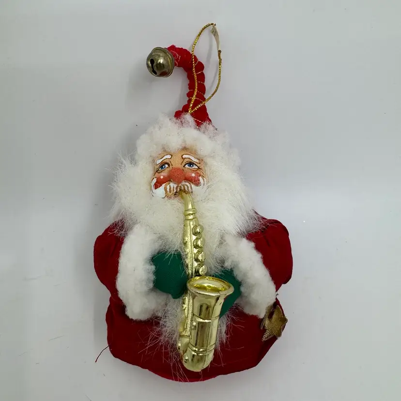 Kurt Adler Santa Ornament w/ Sax 1990s Plush Santa Vintage Christmas Roly-Poly