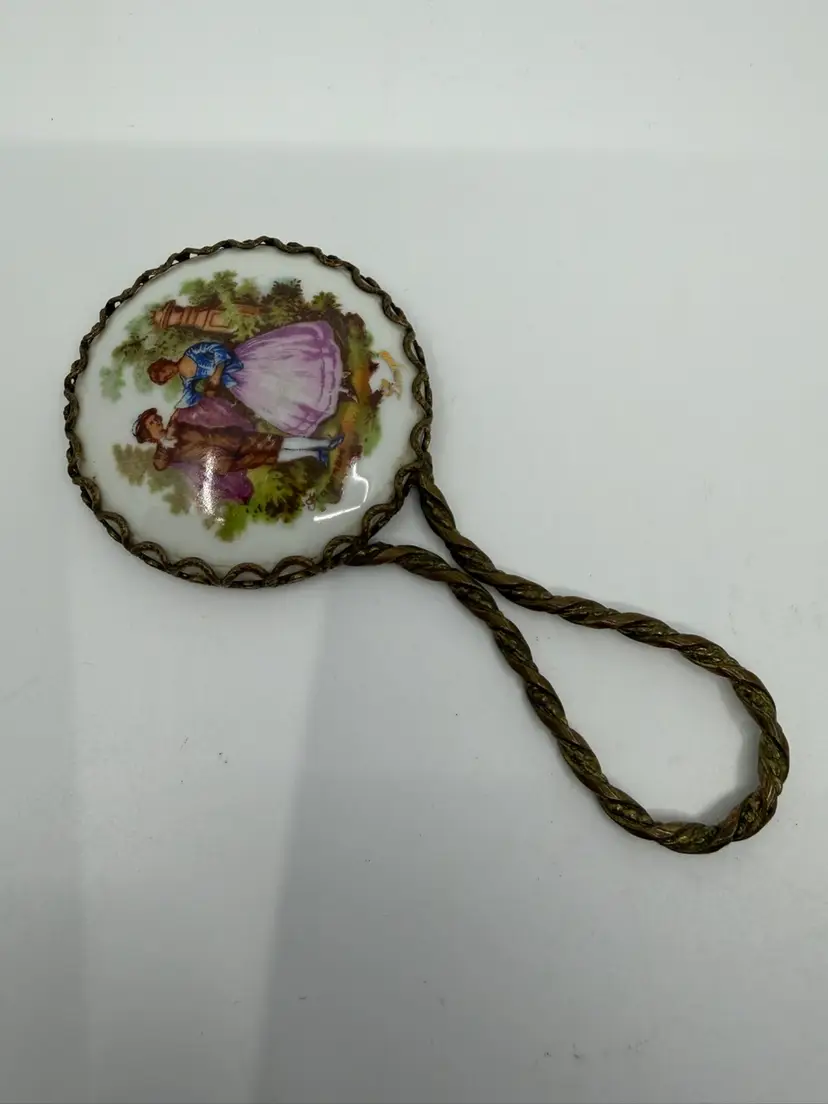 Vintage Limoges Fragonard Courting Couple Hand-Purse Porcelain Mirror