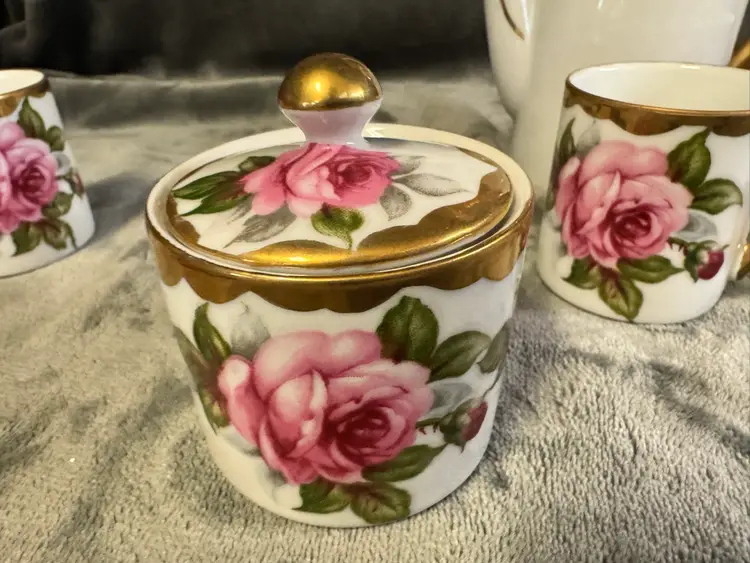 VTG Set/7 Andrea By Sadek Japan Tea Set Teapot Cups Sugar W Lid Pink Rose Gold