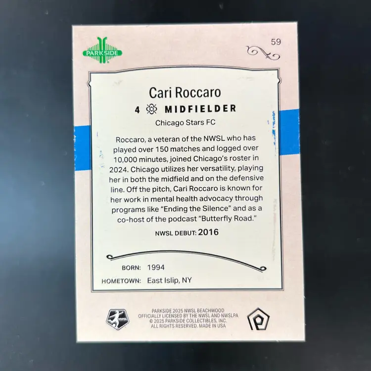 Cari Roccaro 2025 Beachwood Brand Blue Foil /25 Soccer Card