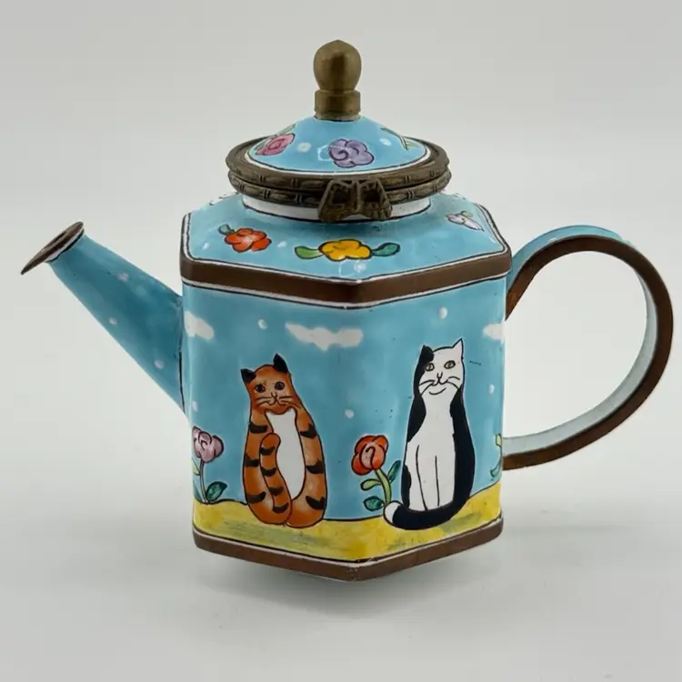 Kelvin Chen Miniature Teapot Trinket Box Enamel Copper Sitting Cats Flowers  #44 2000