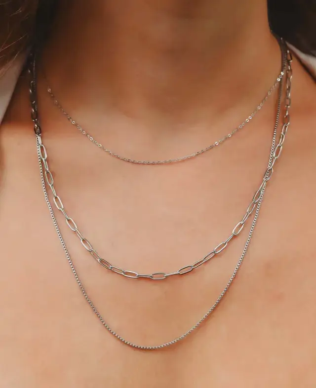 18K Gold PVD Stainless Steel Loop, Box, and Paperclip Layered Chain Necklace