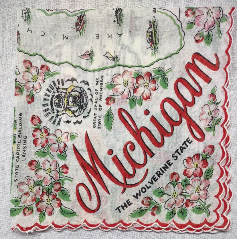 Vtg Michigan state souvenir hankie 13x13 26PA02 H572