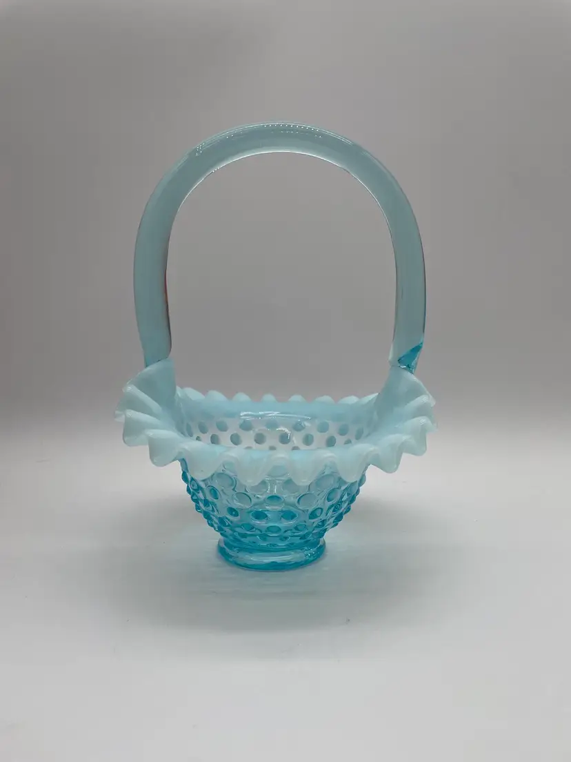 A-Vintage Fenton Blue Opalescent Hobnail Basket