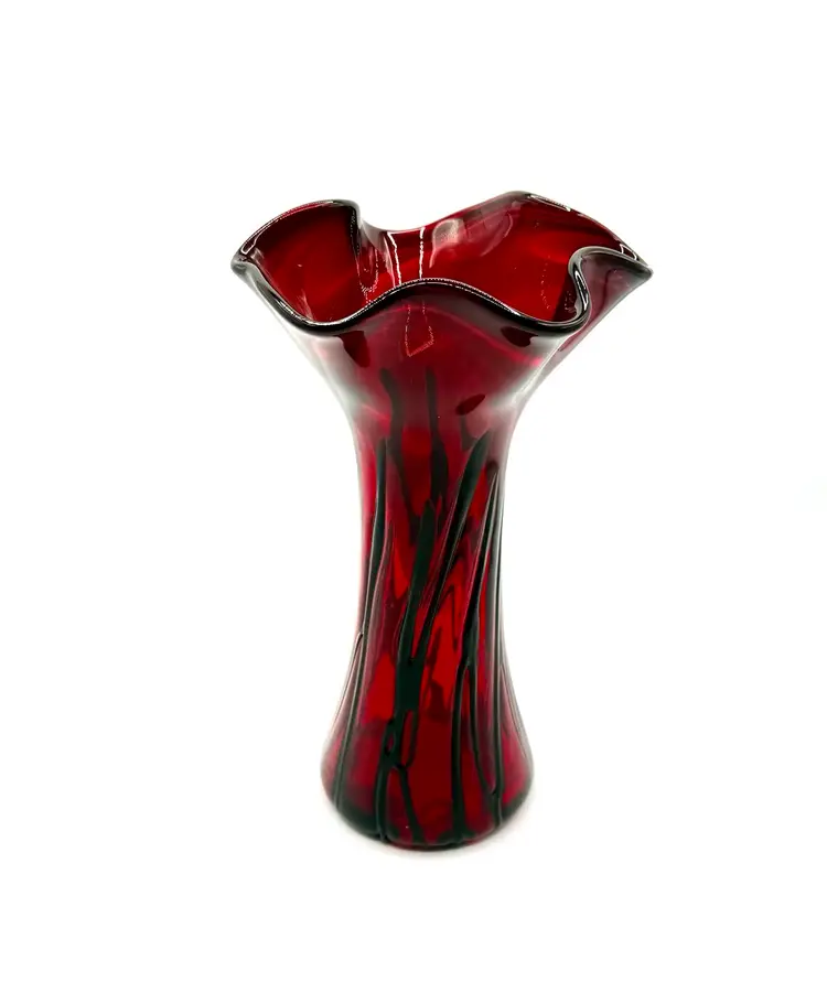Hand Blown Red And Black Art Glass Ruffle Top Vase.