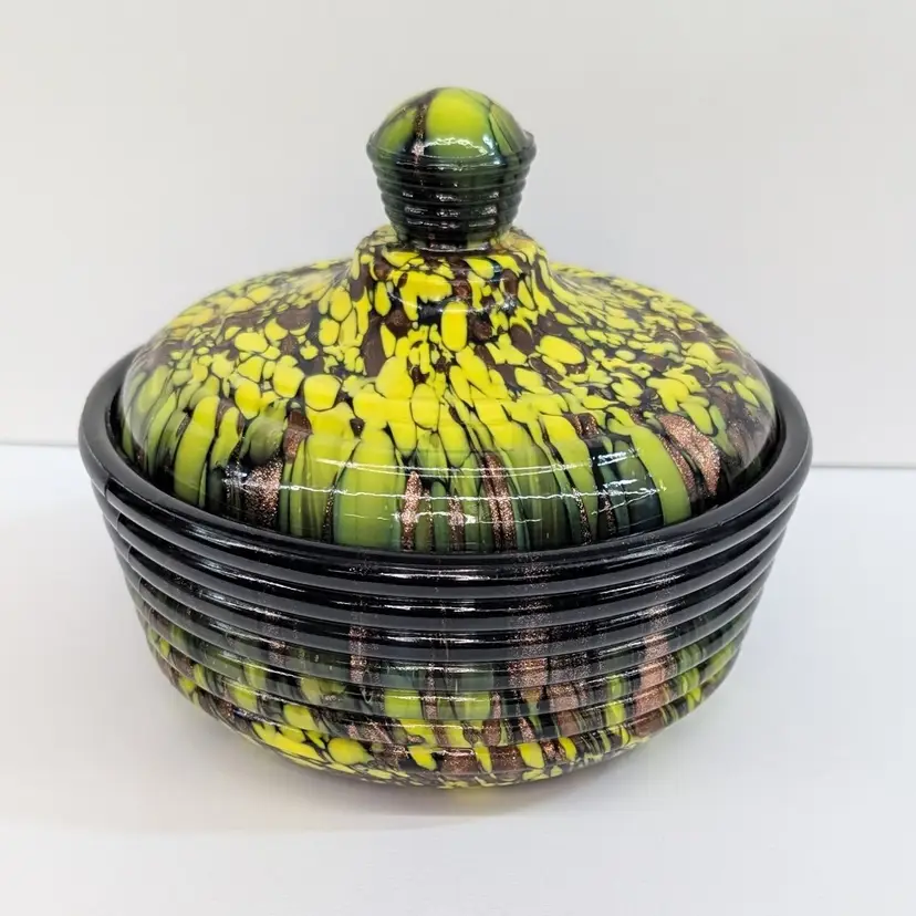Vintage Murano V Nason Italy Black Green Copper Ribbed Glass Lidded Dish *AS IS*