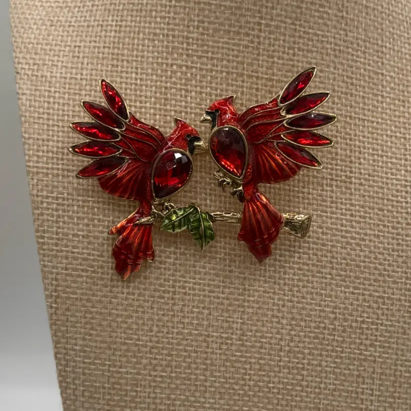 Vintage Red Jeweled Double Cardinal Holiday Brooch