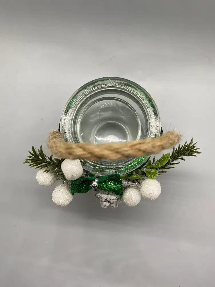 Festive Pinecone and Green Bow Glass Hanging Candle Holder Luminary 3.5"