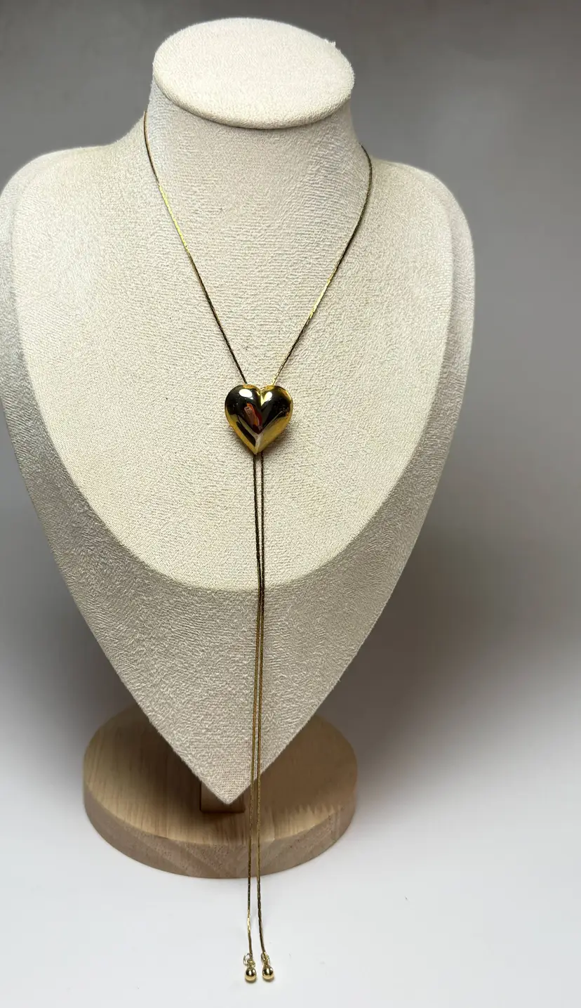 Vintage Puffy Heart Bolo Lariat Necklace Gold Tone Adjustable Gold Tone