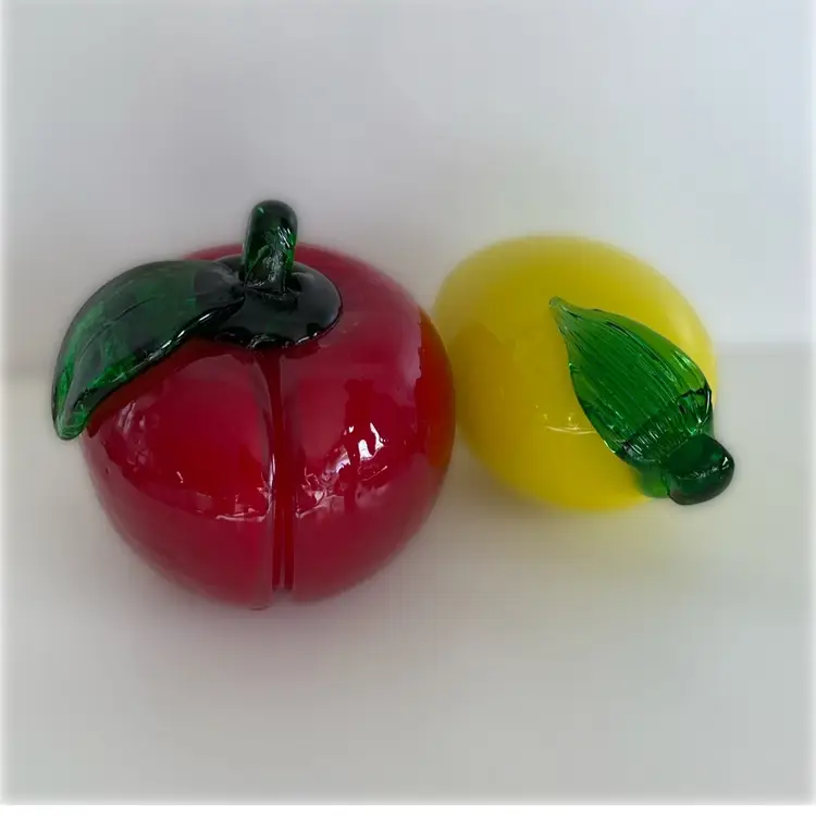 Set Of 2 Vintage Handblown Glass Fruit - Apple And Lemon