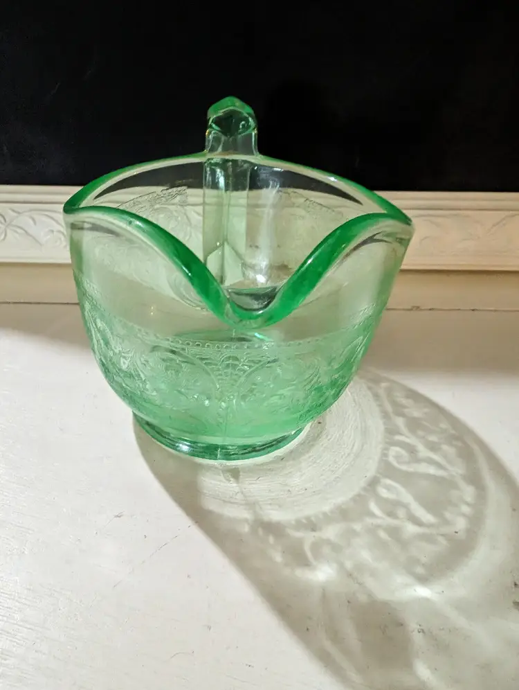 Uranium Glass Creamer With Etched Floral Design Patterns