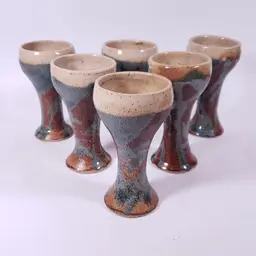 SIGNED Studio Pottery Blue Brown Textured Stoneware GOBLET CHALICE SET