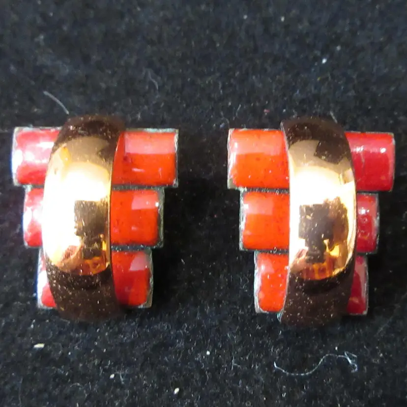 Vintage Matisse Red Enamel on Copper 1960s Mid Century Modern Clip On Earrings - 1 Inch Tall