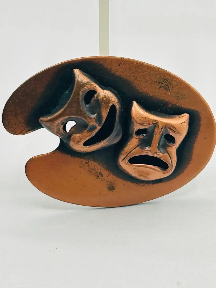 Vintage KIM  Renoir Matisse Style Copper Brooch Pin Thespian Drama Comedy Tragedy Mask Jewelry Mid Century 