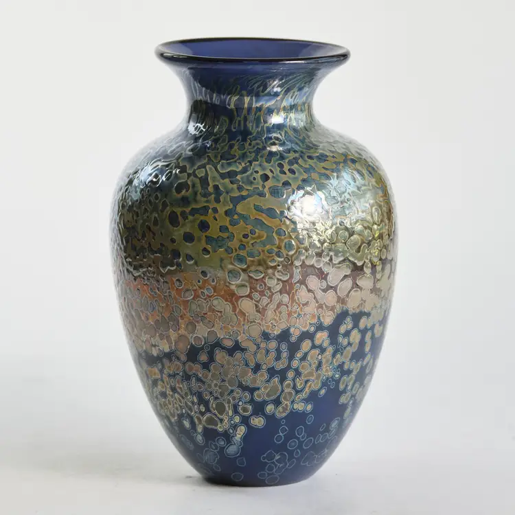 Al Leedom Shimmer Art Glass Vase Cased Blue Multicolor Stars Constellation Handblown NM 2000