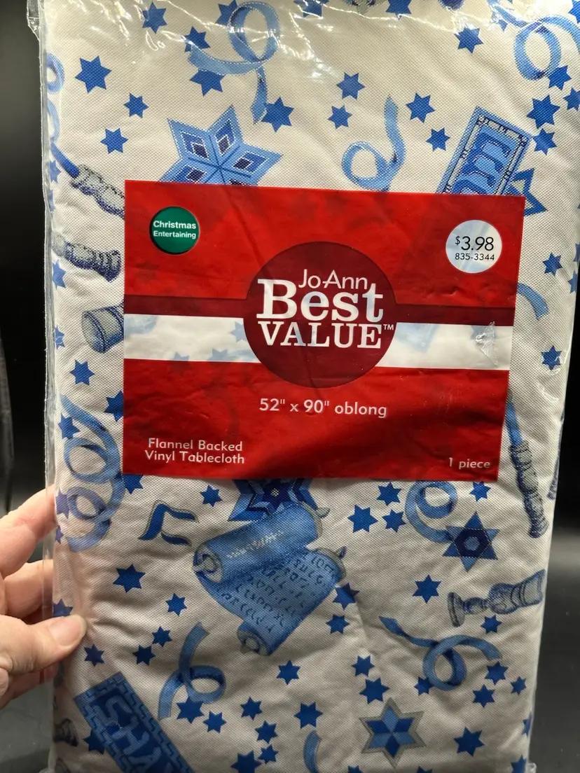 Hanukkah Vinyl Flannel-Back Tablecloth Menorahs Dreidels Size 52" X 90"