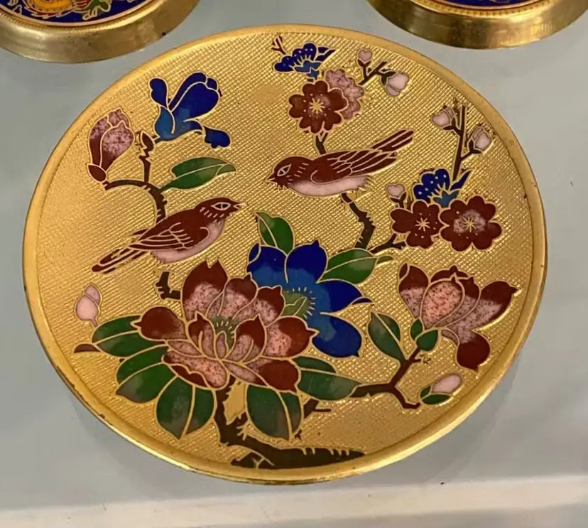 Vintage Chinese Cloisonné Trinket Dish Featuring a Detailed Brass and Enamel Design with Birds and Flowers