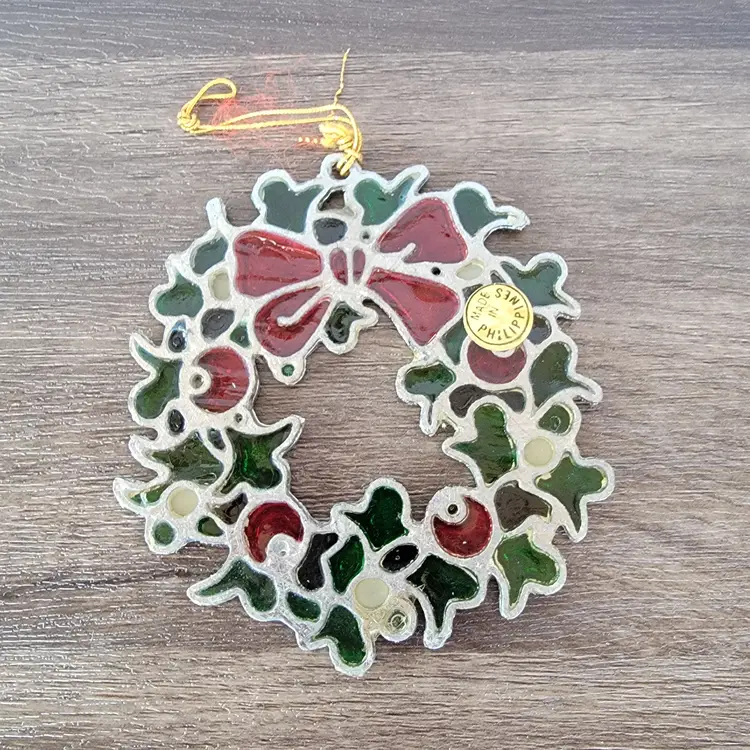 Kurt Adler Stained Glass Holly Berry Christmas Wreath Ornament Suncatcher