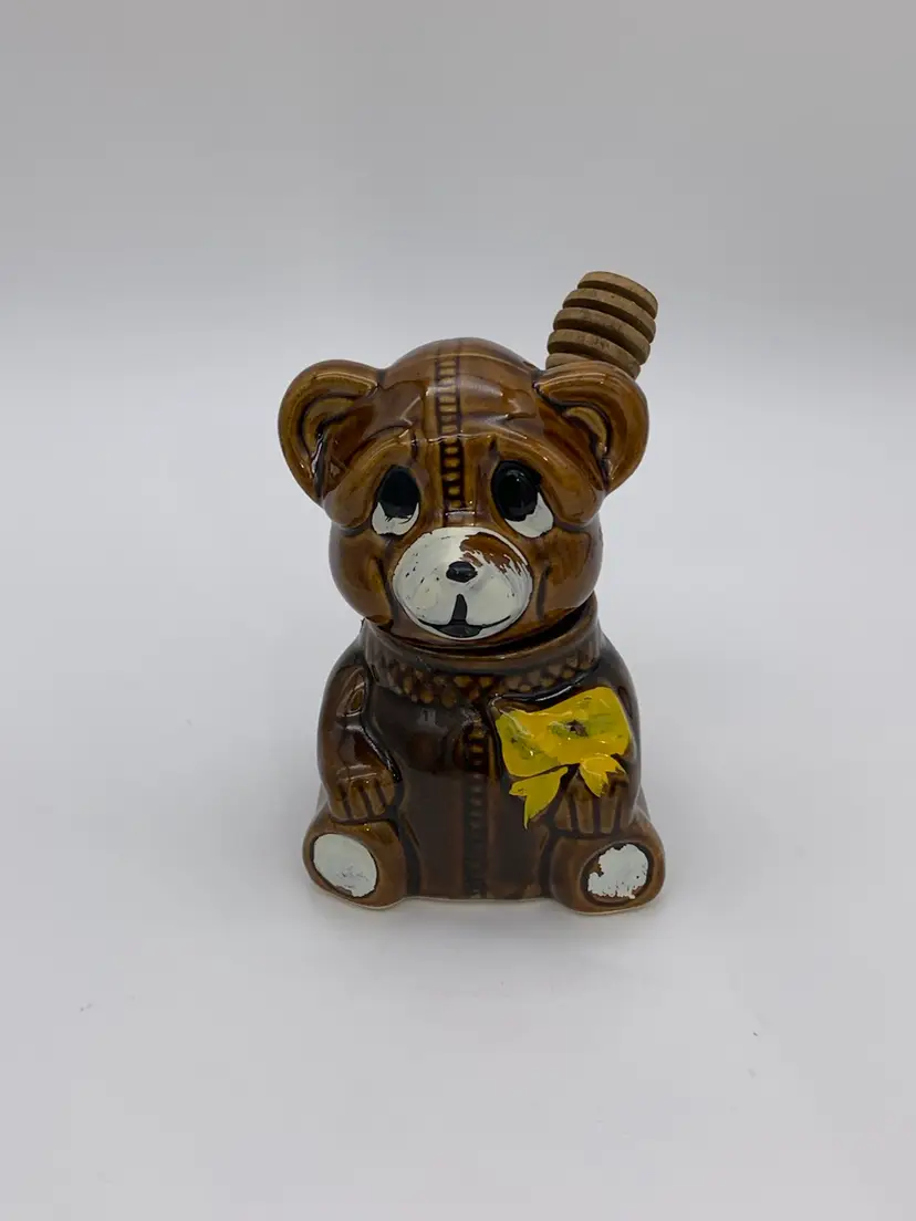 1982 Vintage Retro 3pc. Honey Bear Pot With Wooden Dipper Houston Foods