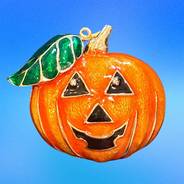 Happy Jack O’Lantern GoldTone Enamel Domed Brooch 2”x 2.5”