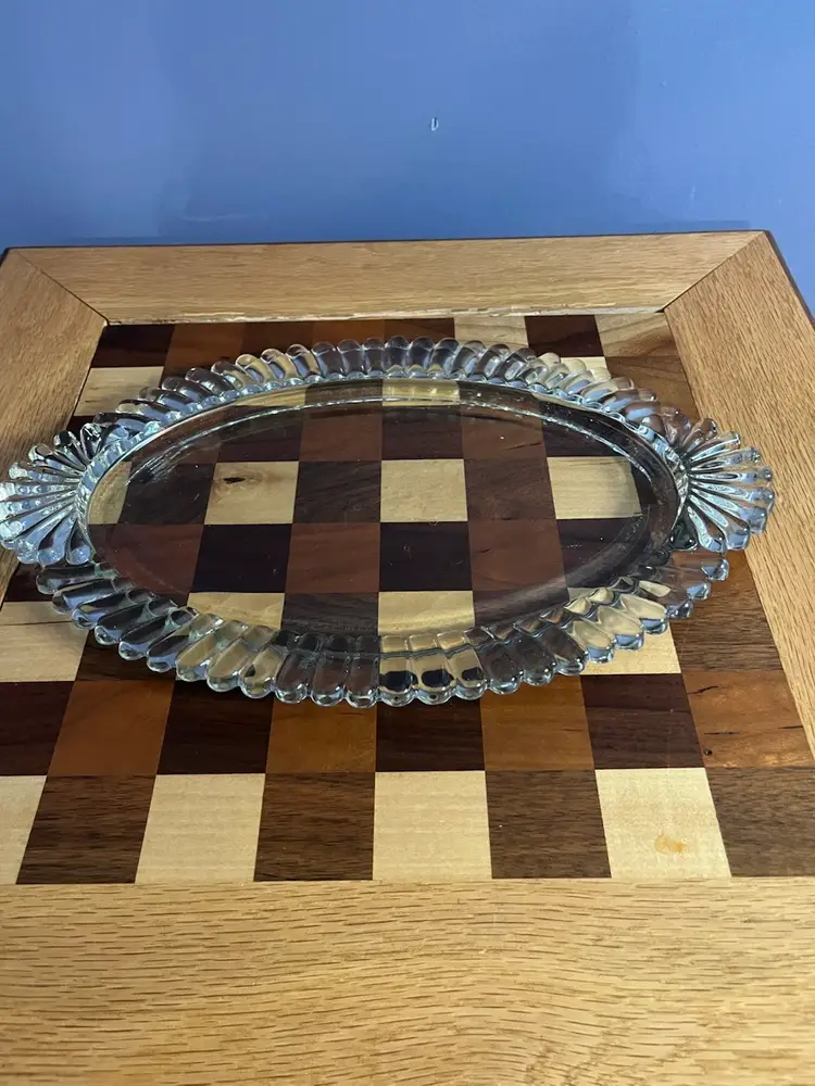 Vintage Art Deco  clear pressed glass oval serving or vanity tray. 15-9.5”