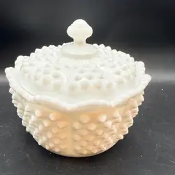 Fenton Milk Glass Hobnail Covered Candy Dish -5 In