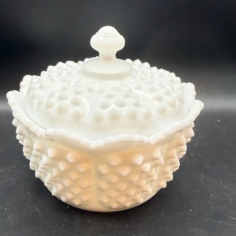 Fenton Milk Glass Hobnail Covered Candy Dish -5 In