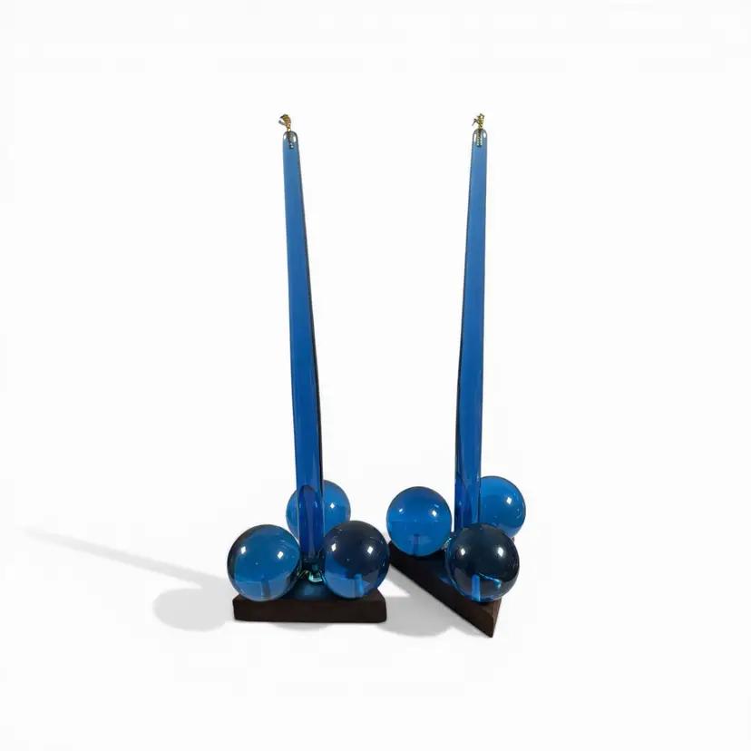 MCM Blue Lucite Grape Candle Holders with Matching Lucite Candles