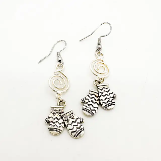 Christmas Earrings Spiral Accent Silver Tone Mittens Handmade