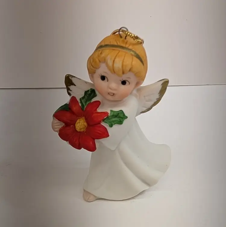 Vintage Homco Ceramic Bisque Christmas Tree Ornament Angel Figurine Poinsettia