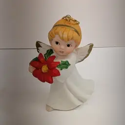 Vintage Homco Ceramic Bisque Christmas Tree Ornament Angel Figurine Poinsettia